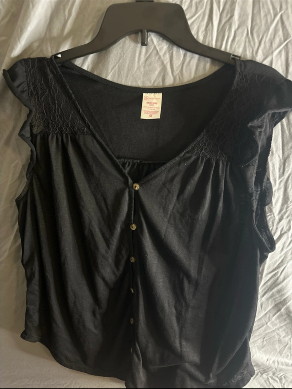 No Boundaries Black Lace-Trim Button Front Women's Blouse